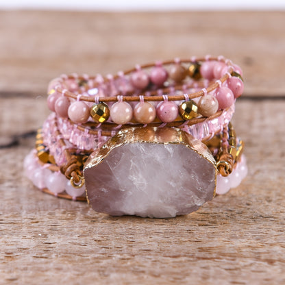 Bohemian Retro Rose Quartz Center Stone5String Woven Hand-Wound Bracelet Ornament