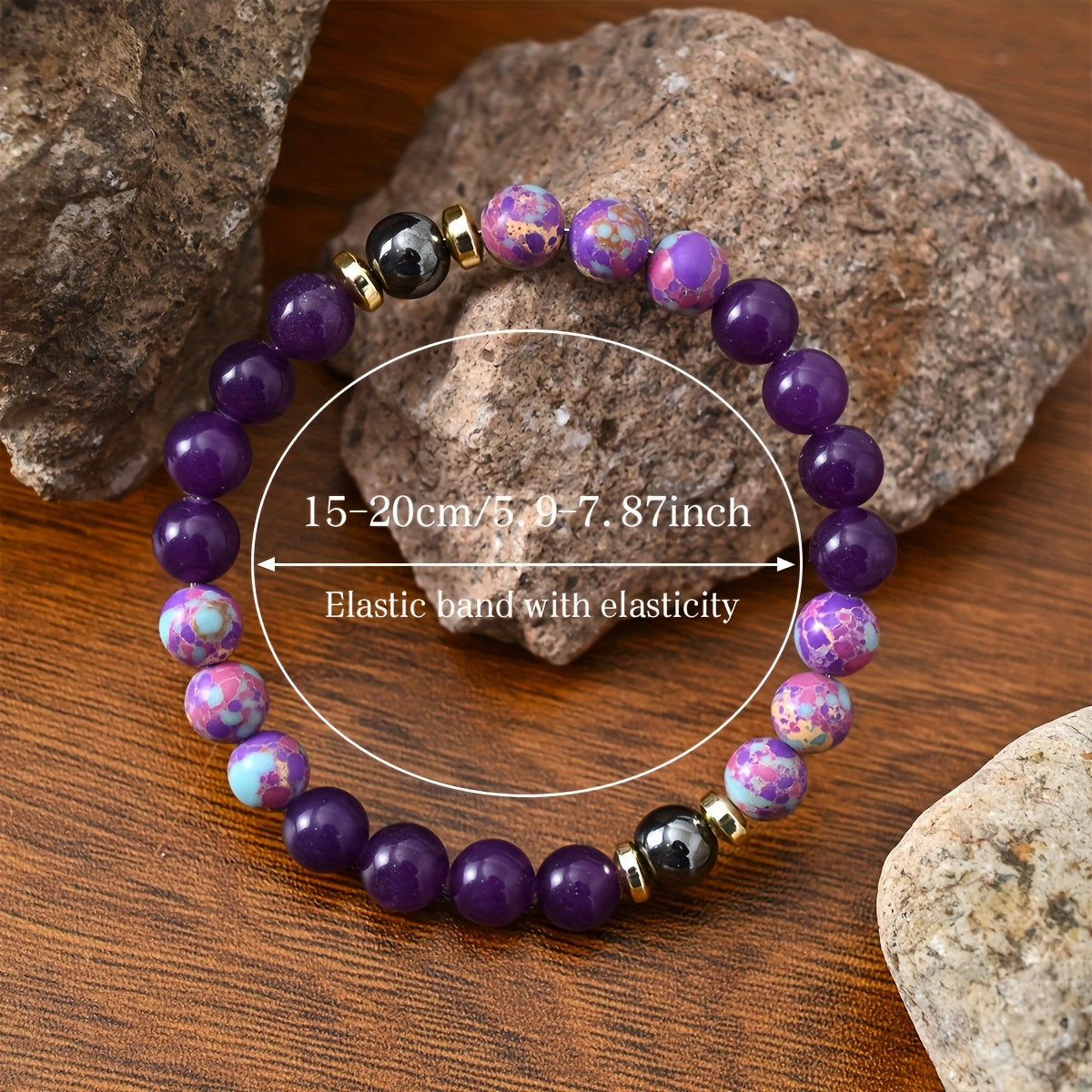 1pc Handcrafted Imperial Jasper & Amethyst Bead Bracelet - Elastic, Fragrance-Free Jewelry for Inner Peace & Confidence, Purple and Golden with Decorative Accents