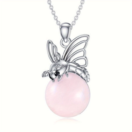 Women's Natural Rose Quartz Moth Necklace 925Sterling Silver Moth-Shaped Pendant with Real Rose Quartz Jewelry Gift