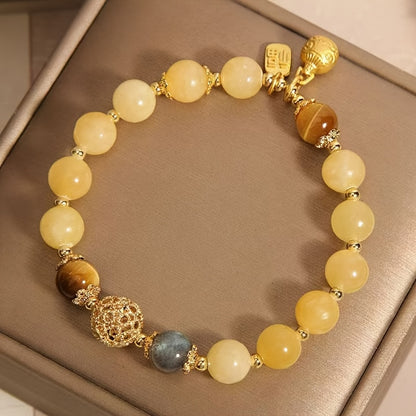 Elegant Citrine Beads Bracelet with Gold Beast Charm - Retro Style Women's Fashion Accessories，Suitable for Casual Wear and Gifts