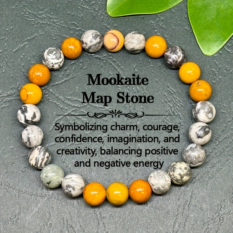 7.09 Inch Bracelet，With Map Stone and Egg Yolk Stone - Symbolic Charm、Courage、Confidence、Imagination and Creativity - Balance Positive Energy and Negative Energy