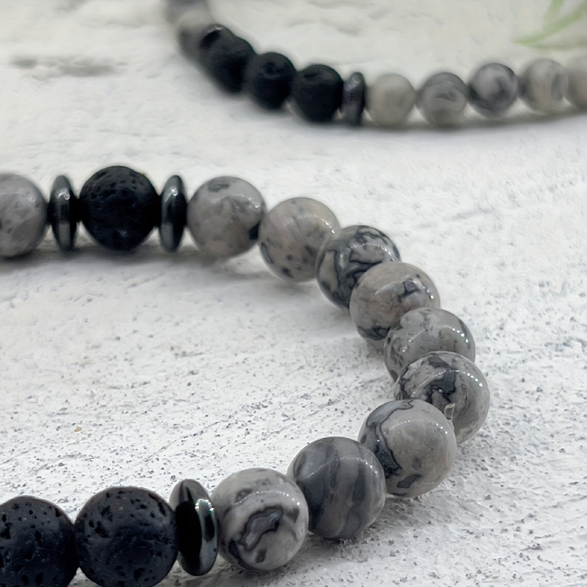 1Natural Stone Healing Bracelet，Gray Map Stone and Black Lava Stone Elastic Bracelet