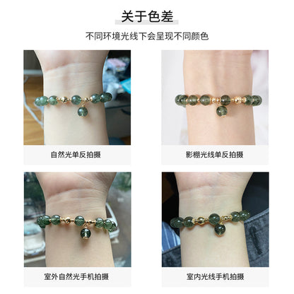 Natural Hair Crystal Green Quartz Rutilated round Beads Single Ring Bracelet DIY Original Handmade Matching14K Gilded Korean Refreshing Stylish