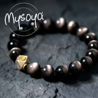 MYSOYA Bohemian Style Silver Obsidian Bracelet，Configuration10mm Beads - Elegant Gift Box Included，Suitable for Birthday、Anniversary、Wedding and Other Occasions