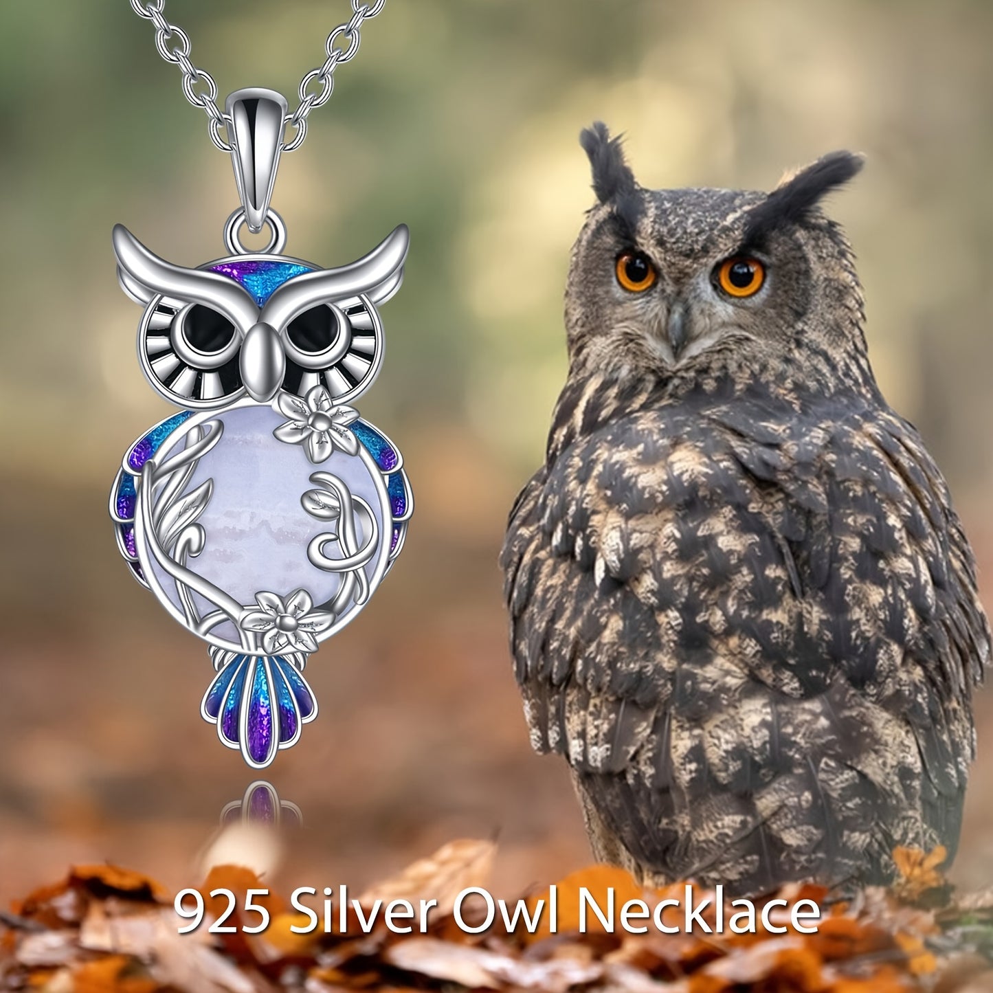 Ladies One Piece Set Fashion Owl Pendant Necklace 6.8 Gram 925 Sterling Silver White Gold Plated Set Black agate Dripping Craft Animal Jewelry Gift 18+2 Inch Extension Chain