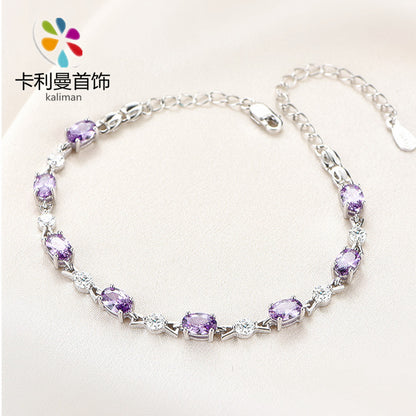 S925Silver Amethyst Couple Purple Diamond Sterling Silver Bracelet Female Korean Style Personalized and Mori Girlfriends Jewelry Wholesale Delivery