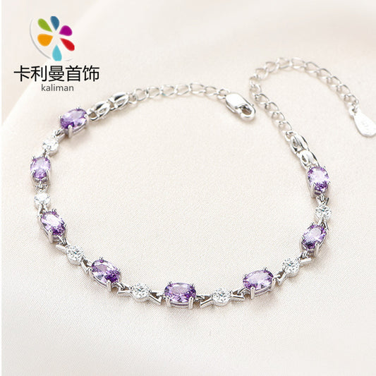 S925Silver Amethyst Couple Purple Diamond Sterling Silver Bracelet Female Korean Style Personalized and Mori Girlfriends Jewelry Wholesale Delivery