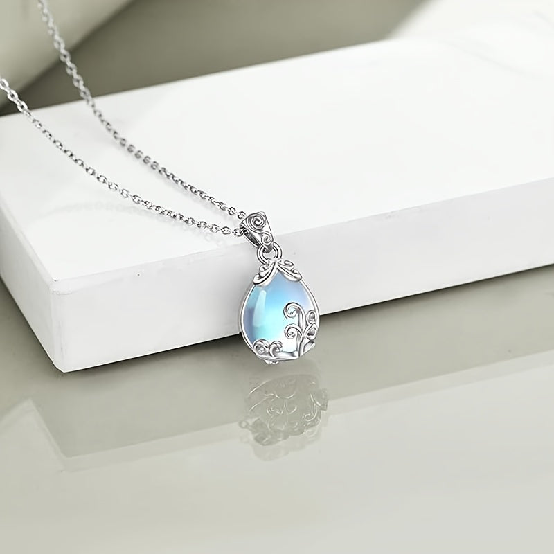 Elegant Sterling Silver S925 Necklace，With Moonstone Pendant and Teardrop Charm，Anti-Allergy 4.5 Gram - Perfect for Everyday Wear and Gift Giving，Moonlight，Women's Jewelry