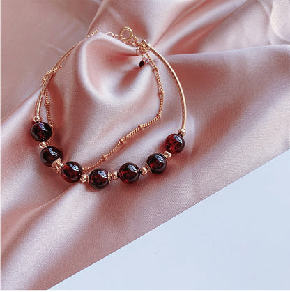 Natural Claret Garnet Bracelet for Women14k Gilded Double Layer lolita Student Korean Style Fashion Simple