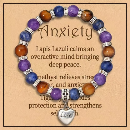 Anxiety Relief Natural Stone Bracelet with Heart Charm - Yellow Tiger's Eye、Amethyst、Lapis Lazuli, Etc. - Sedation and Decompression，Perfect for Valentine's Day、Anniversary and Birthday Gifts