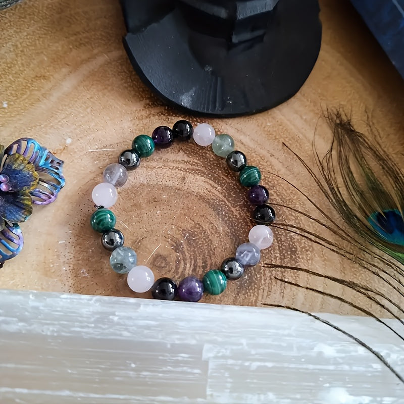 1One Natural Stone Beads Protection Bracelet - Pink crystal、Malachite、Hematite、Fluorite、Amethyst and Black Tourmaline - Jewelry Gift