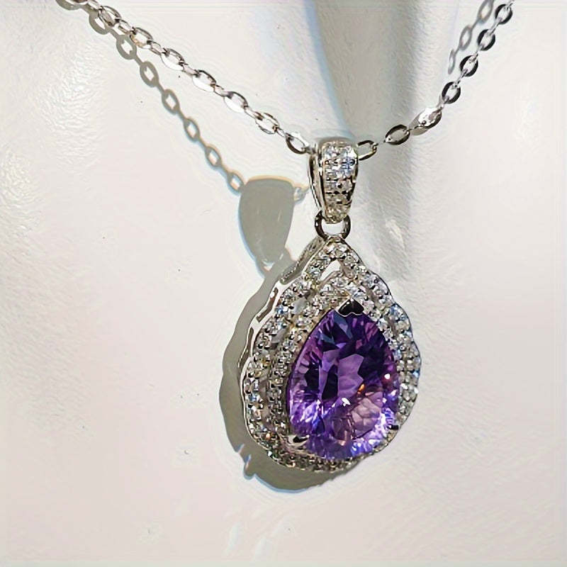 S925Silver Drop Pendant，Central Inlay6Carat Amethyst，18K Gold Coating，Elegant Vintage Style Necklace，Suitable for Gifts、Party and Daily Wear - Suitable for All Seasons、Carnival and Sexy Vacation Style