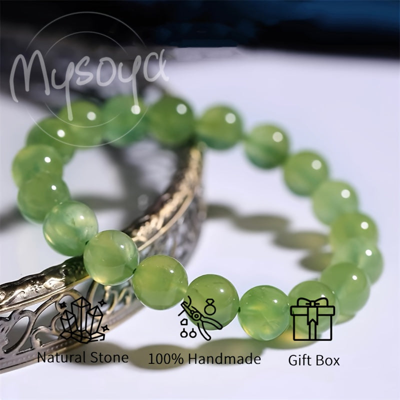 100% Handmade Natural Lucky Green Prehnite Bracelet，Bright Colors，Super White Bracelet，10mm Beads，Gift Box，Suitable for Him/Her Neutral Jewelry，Suitable for Daily Use、Christmas、Thanksgiving Day、Gifts for New Year and Valentine's Day。